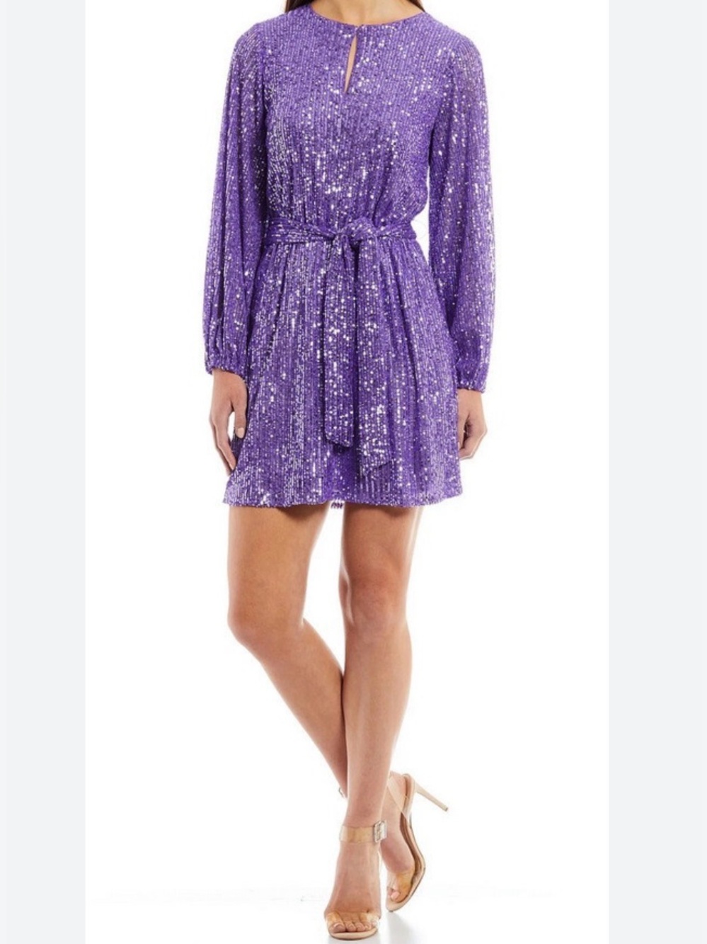 LDT Irma Purple Sequin Long-Sleeve Belted Mini Dress